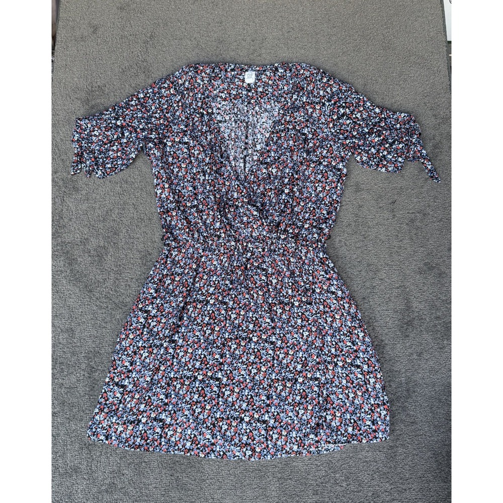 GAP Womens Blue Red Ditsy Floral V-Neck Rayon Mini Dress Size M Tie Sleeve